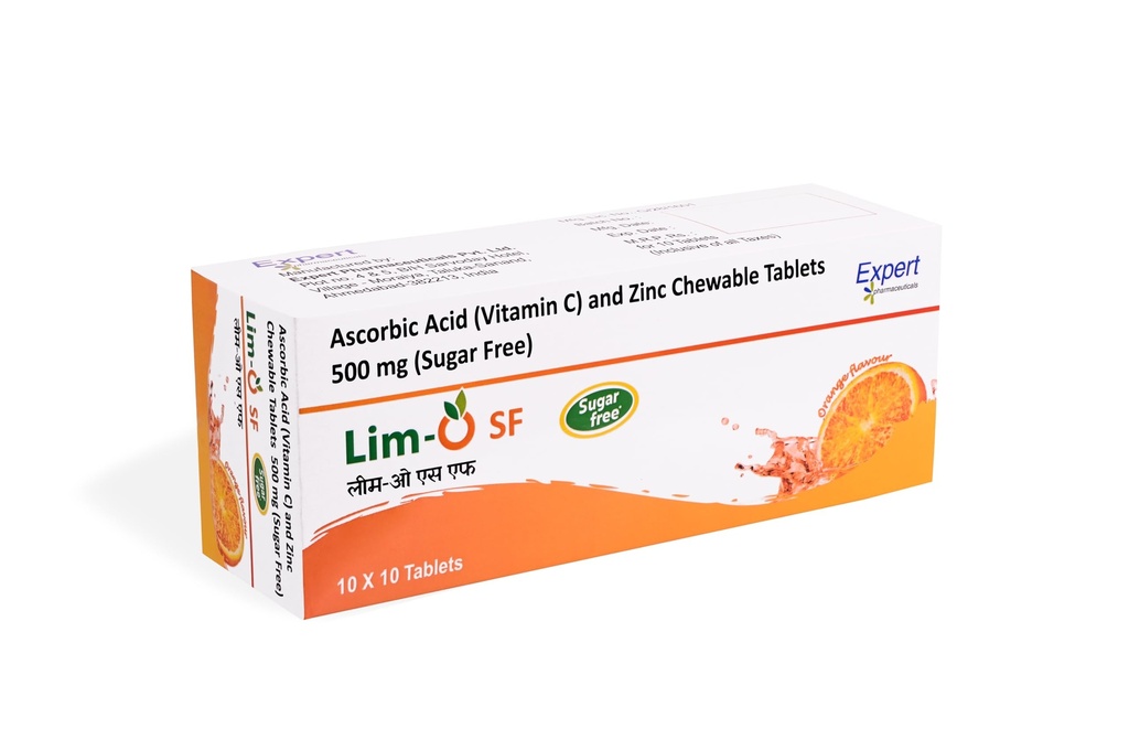 Lim-O SF Vitamin C(500mg) & Zinc, Chewable Tablets (Sugar Free) for Immunity Skin – Vegan Formula For Men Women, Orange Flavour (40 Tablets)