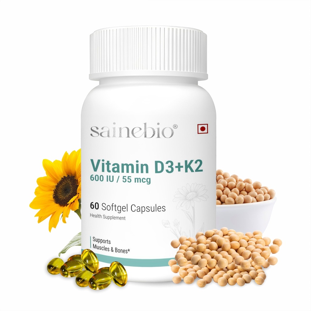 Sainebio Vitamin D3 K2 Supplement 600 IU D3 with 55 mcg K2 | Supports Strong Bones, Heart Health & Immunity | High Bioavailability Softgel Capsules | 60 Softgels