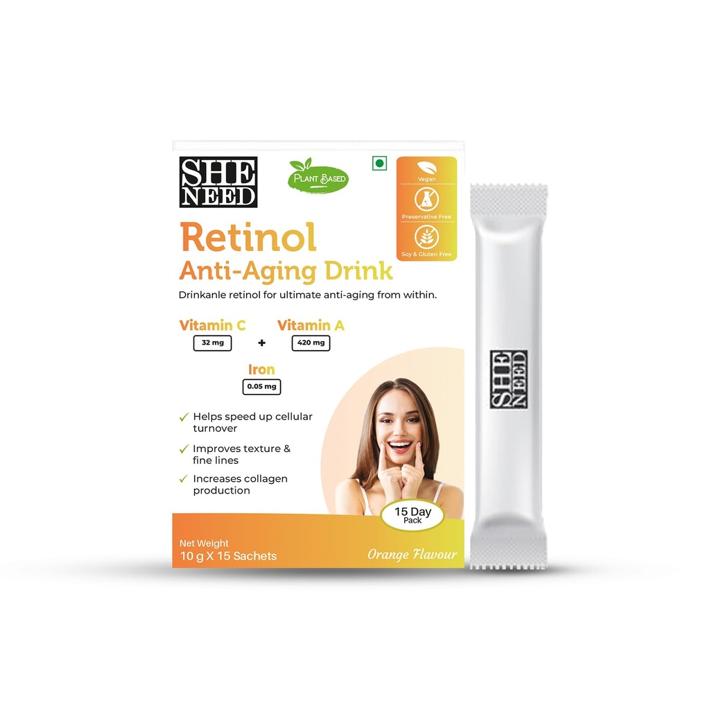 Sheneed Retinol activated anti-aging drink with Pure Vitamin A & C, reduces wrinkles- Vegan- 10g X15 Sachets