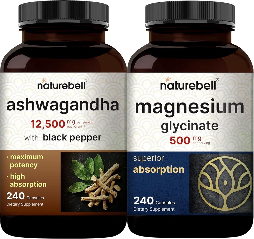NatureBell Magnesium Glycinate Kapsler 500mg & Ashwagandha 12,500 mg Ækvivalent med Black Pepper Bundle Pack