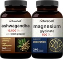NatureBell Magнезийски Glycinate капсули 500mg & Ashwagandha 12,500 mg Еквивалент с Black Pepper Bundle Pack . . . Chelated & Purified Mineral . . . Adaptogens Добавки за релаксация