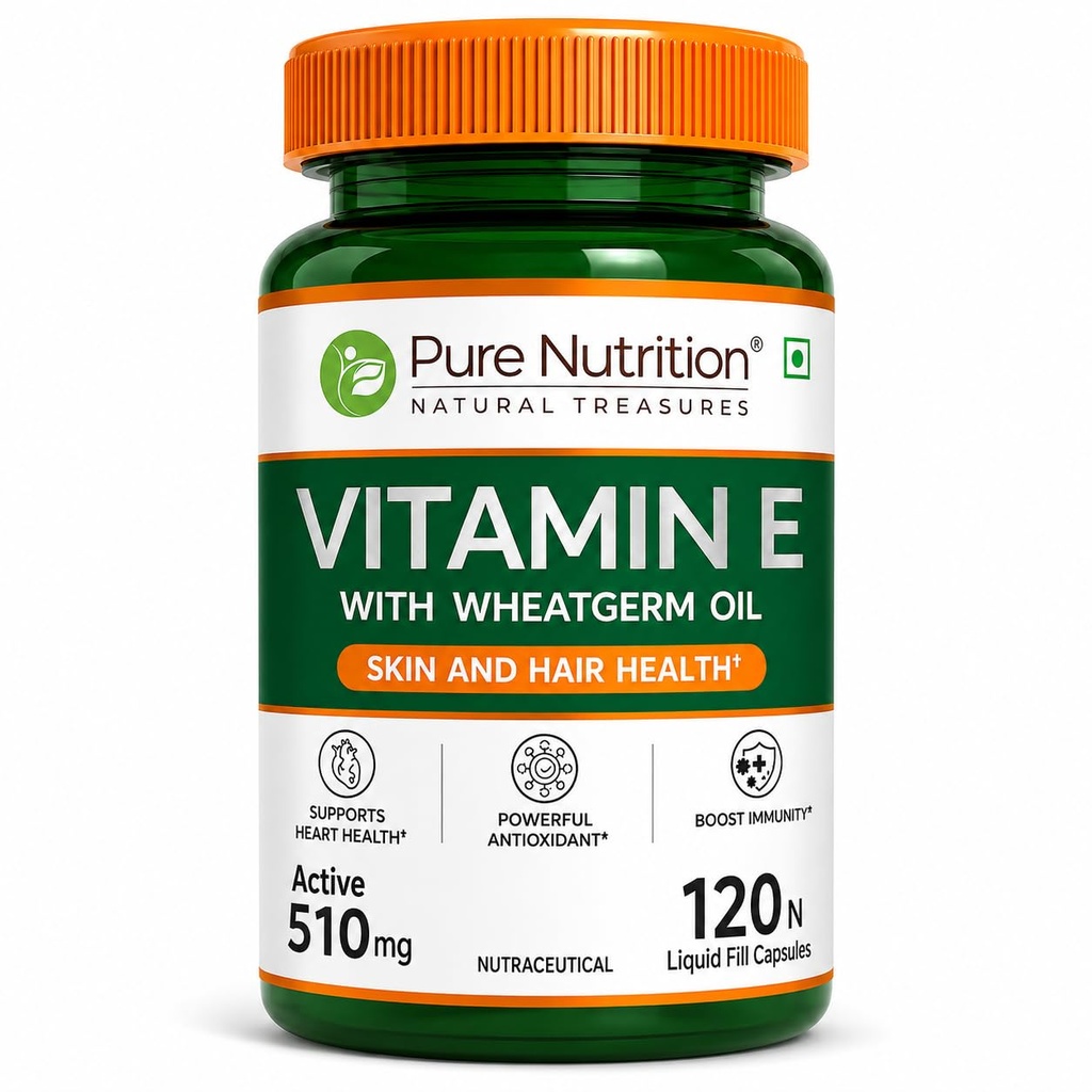 Pure Nutrition Vitamin E Capsule 510mg with Wheatgerm Oil – 120 Liquid Fill Capsules | Vit E Capsule for Face, Immunity & Heart Health | Natural Antioxidant Vitamin E Supplement