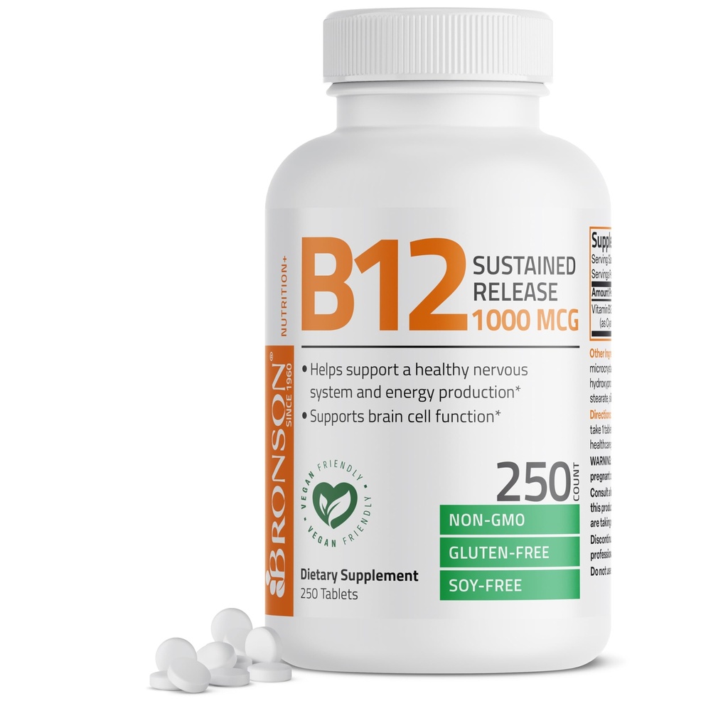 Bronson Vitamin B12 1000 mcg Sustained Release Premium Non GMO Tablets Supports Nervous System, Healthy Brain Function and Energy Production, 250 Count