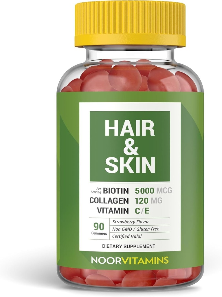 Vitamine di Noor Capelli Halal Vitamine Biotina, Collagene, Silica, Vitamina C & E Supporta Capelli, Pelle & Salute Unghie; Vitamine Natural Strawberry Gummy. OGM, Gluten Free & a Certified Halal Vitamin (90 Count)