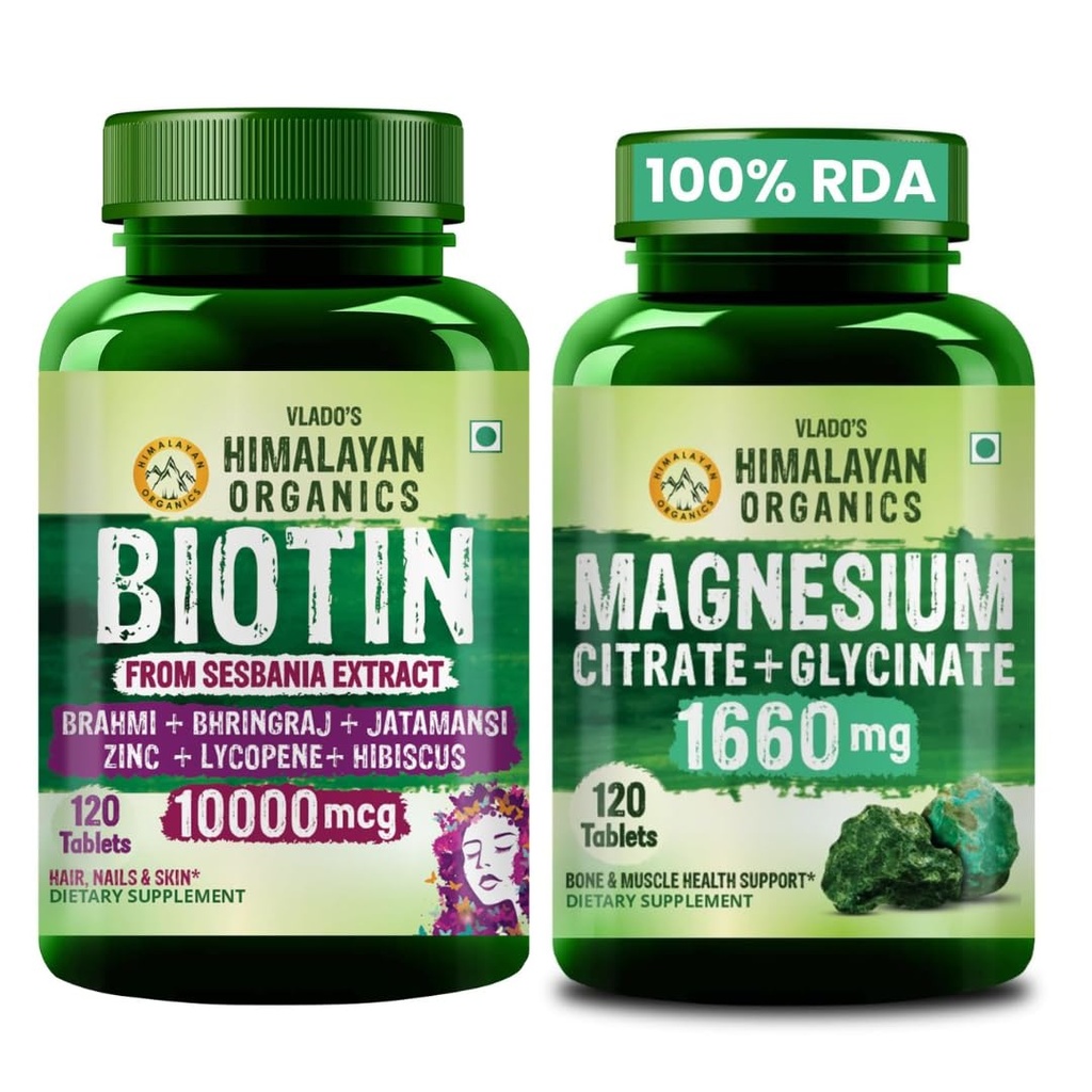Vlado's Himalayan Organics Biotin Tablets for Hair Growth -10000mcg Biotin Supplement 120 Tablets + Magnesium Citrate + Glycinate + Oxide Complex 1660 mg120 Vegetarian Tablets