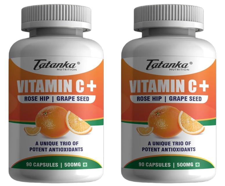 500MG Vitamin C+ GRAPE SEED EXTRACT ROSE HIPS EXTRACT Boost immunity,collagen production and helps in uti | Potent antioxidant | 90 Capsules Pack of - 2