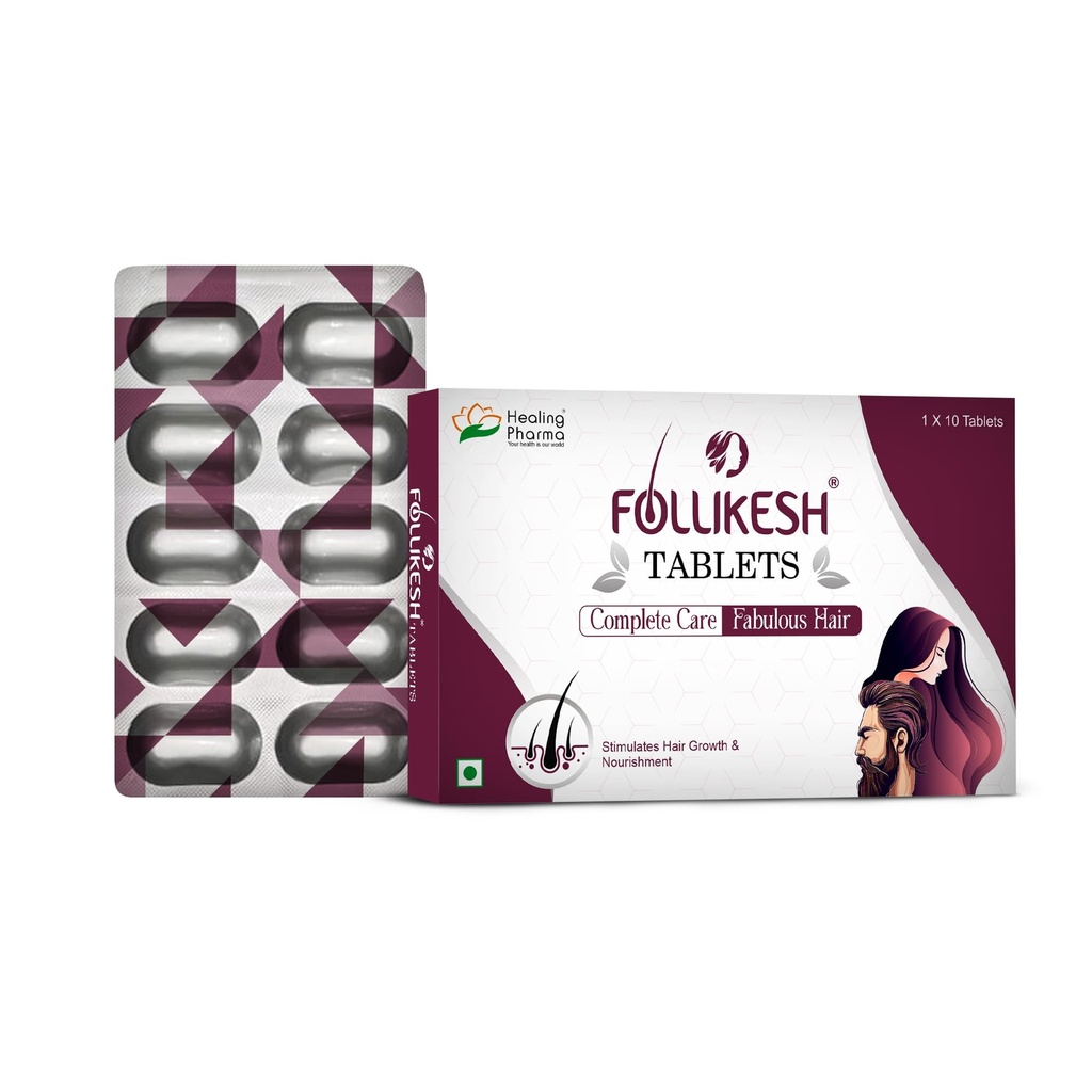 Healing Pharma - Follikesh Tablets For Hair Growth & Hair Fall Control With Vitamin B7 (Biotin), Zinc & Niacinamide | Biotin Supplement For Women & Men - 10 Tabs