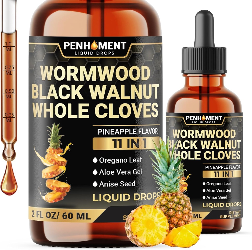 11in1 2100mg Чорний горіх Wormwood зубчики настоянка, Орегано & 7 Більш - Wormwood Liquid Drops -Pineapple Flavor - 2 FL OZ - 60 днів постачання