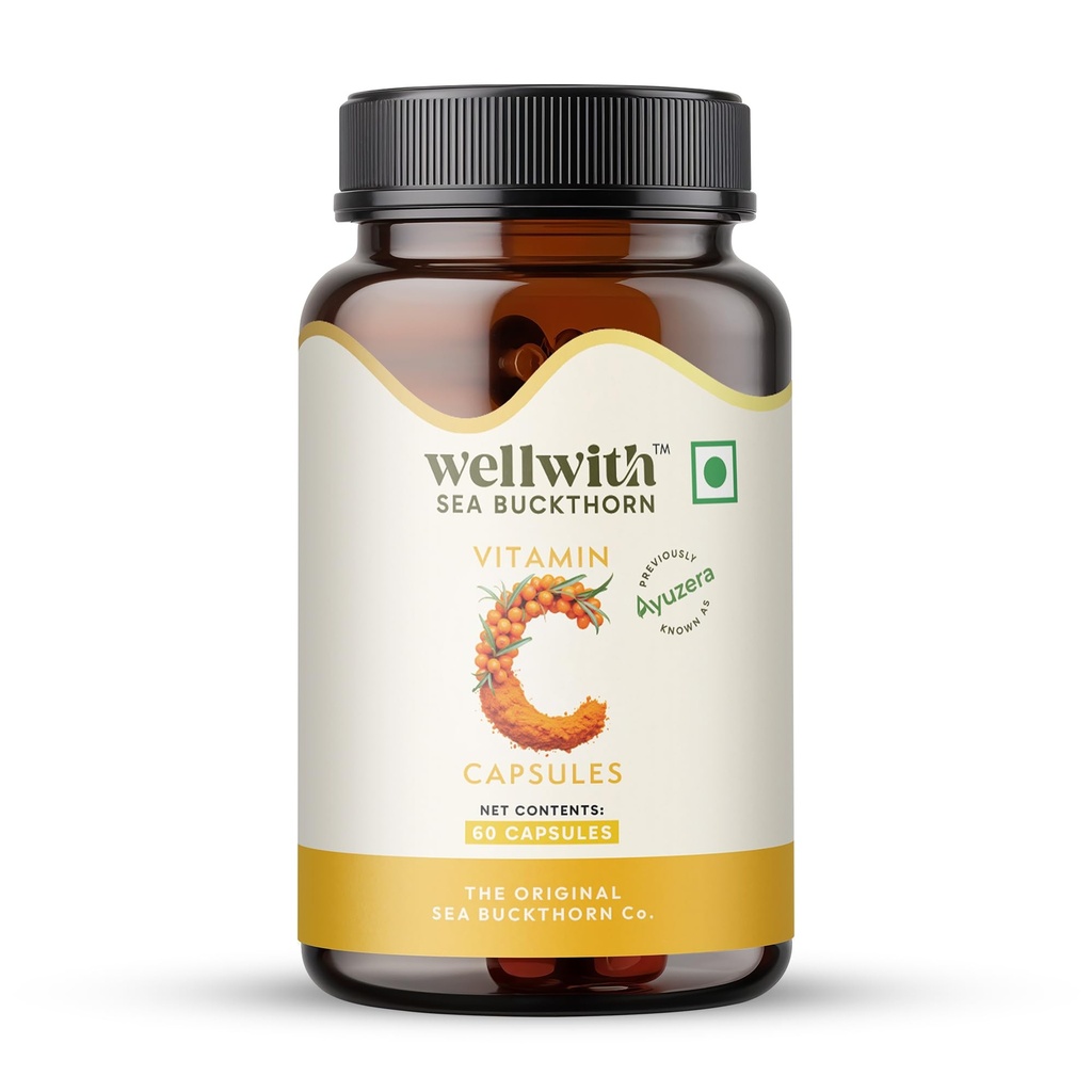 Wellwith by Ayuzera Sea buckthorn Berry Powder Capsules – 60 Vegan Caps | Natural Vitamin C for Skin Glow & Collagen Boost | Antioxidant Support | Pack of 1