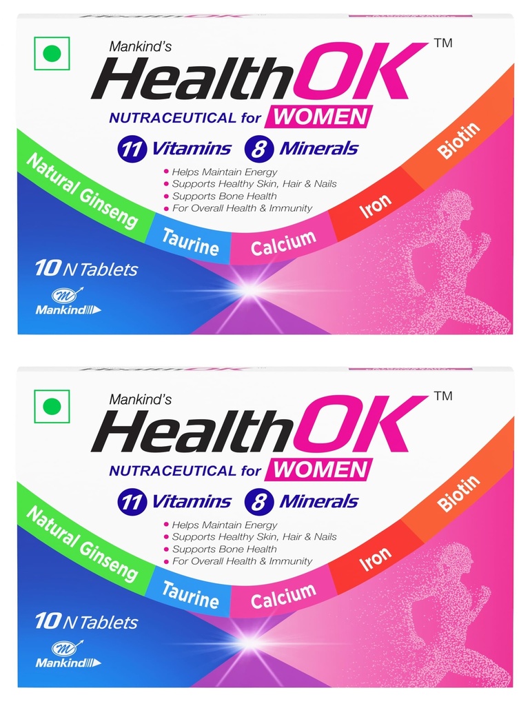 Mankind HealthOK Women Multivitamin 10 Tablets – Strawberry Flavour, Pure Vegetarian, 19+ Essential Vitamins & Minerals with Biotin & Ginseng | Hair Skin Nails, Energy & Bone Health Support x Pack of 2