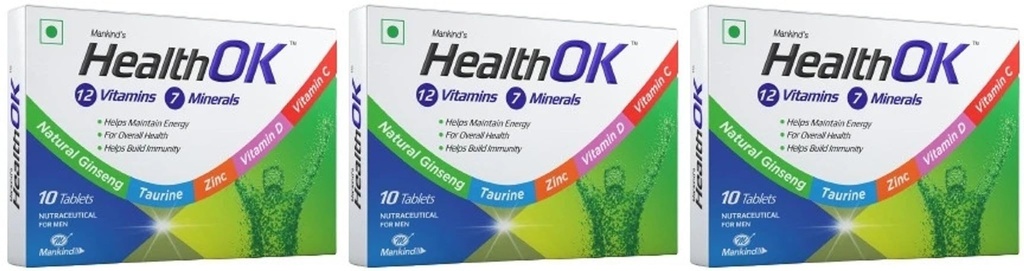 Health OK Multivitamin Tablets with Natural Ginseng & Taurine - Daily Energy, Alertness & Immunity Support with Vitamin C, D & Minerals (30 Tablets, Pack of 3 x 10s)