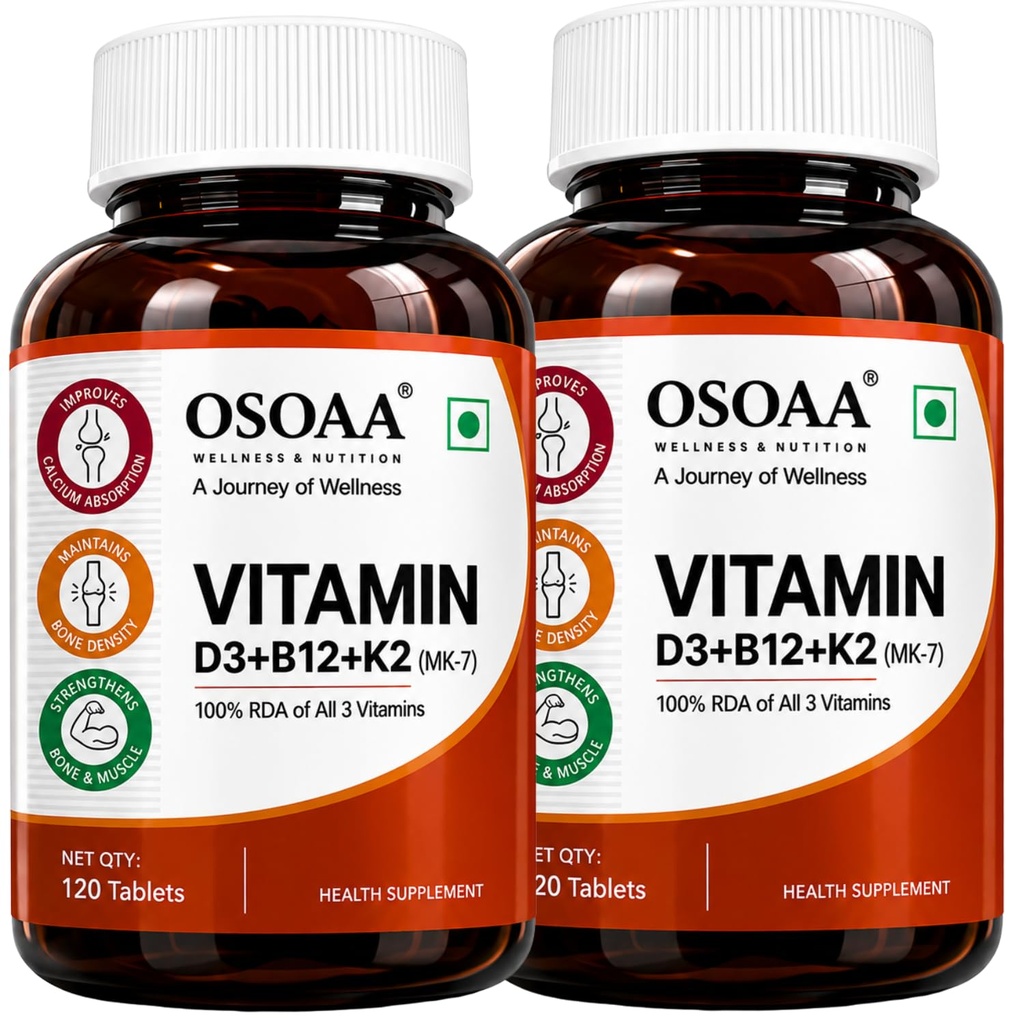 OSOAA Vitamin D3 K2 MK7 Supplement - 120 Tablets | 600 IU | Promotes Calcium Absorption, Bone Health, Muscle Strength & Immunity | Plant Based - Lichen Source | (Pack of 2)