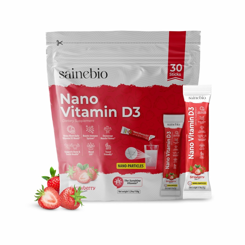Sainebio Nano Vitamin D3 | 30 Sachets, 600 IU High Absorption | Supports Immunity, Bone Strength, Mood & Vitality | Travel-Friendly Daily Supplement (30 Sachets, Stawberry)