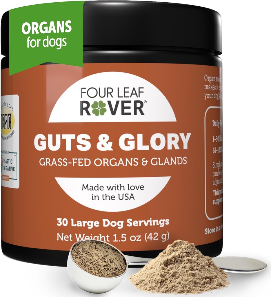 Four Leaf Rover Guts & Glory - Freeze Dried Organs for Dogs - עם 100% Grass-Fed ניו זילנד Beef - עשיר במינרלים - Veterinarian פורמולה - 30 משרתי כלבים גדולים