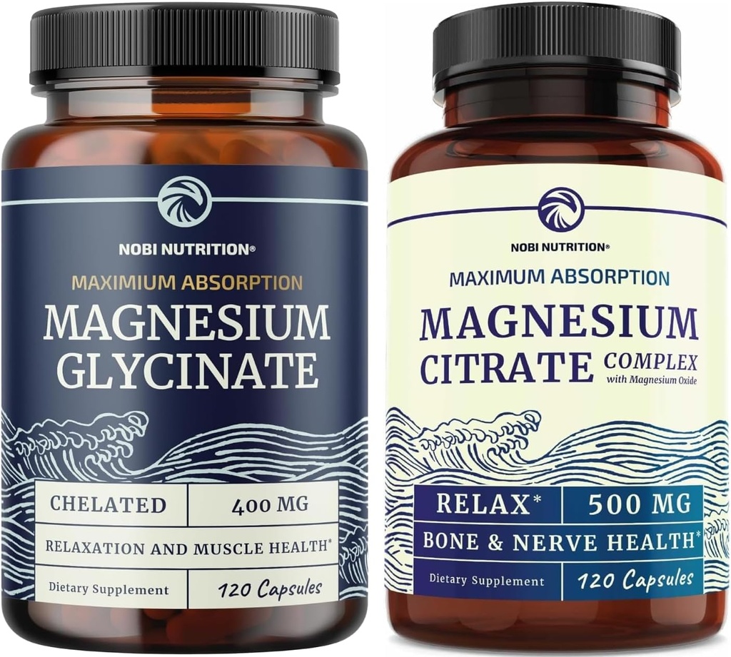 Magnesium Glycinate 400mg (120ct) & Magnesium Citrate 500 MG (120ct) High Absorption, Калм, Релаксація, Зброджування та м'язи Не-GMO Magnesium Complex Bundle