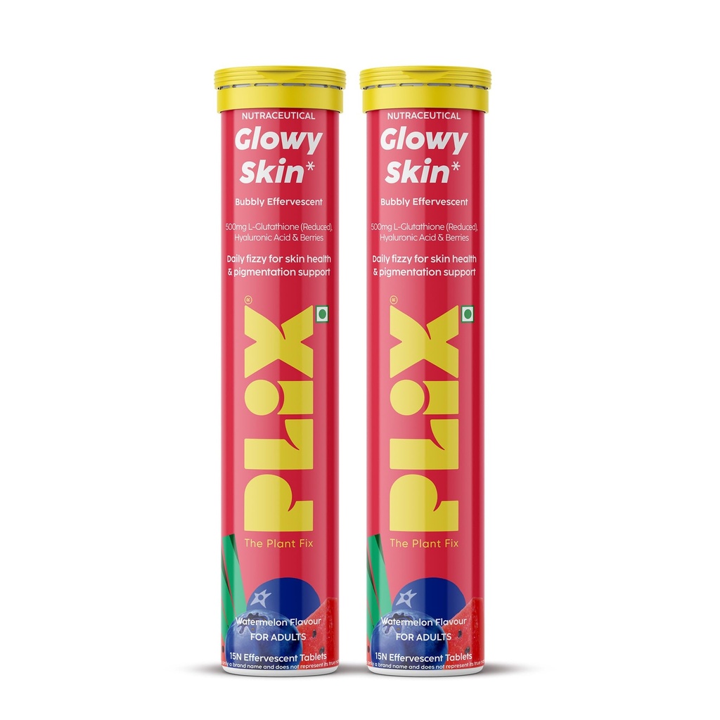 PLIX - THE PLANT FIX Glutathione Effervescent Tablets for Clear, Glowing & Youthful Skin | 500mg Glutathione, Vit E & Hyaluronic Acid | No Maltodextrin, No Sugar | Pack of 180 (12 tabs) | Watermelon