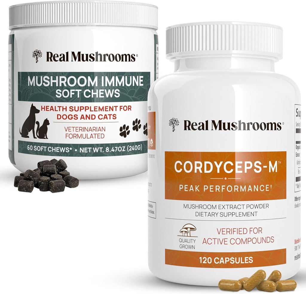 Real Paddestoelen Cordyceps for Humans (120ct) & Mushroom Immune Pet Chews (60ct) - Bundle for Energy, Vitality & Immunity - Ashwagandha, Astragalus & More - Vegan, Non-GMO, Glutenvrije, Grain-Free