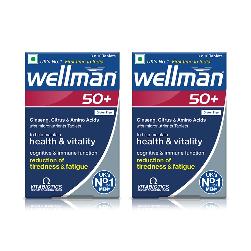 Wellman 50+ Multivitamin Tablets for Men Aged 50+ | Ginseng, Citrus & Amino Acids | Support Health & Vitality | Boost Cognitive & Immune Function | Combo Pack of 2 (30 Veg Tablets Each Pack)