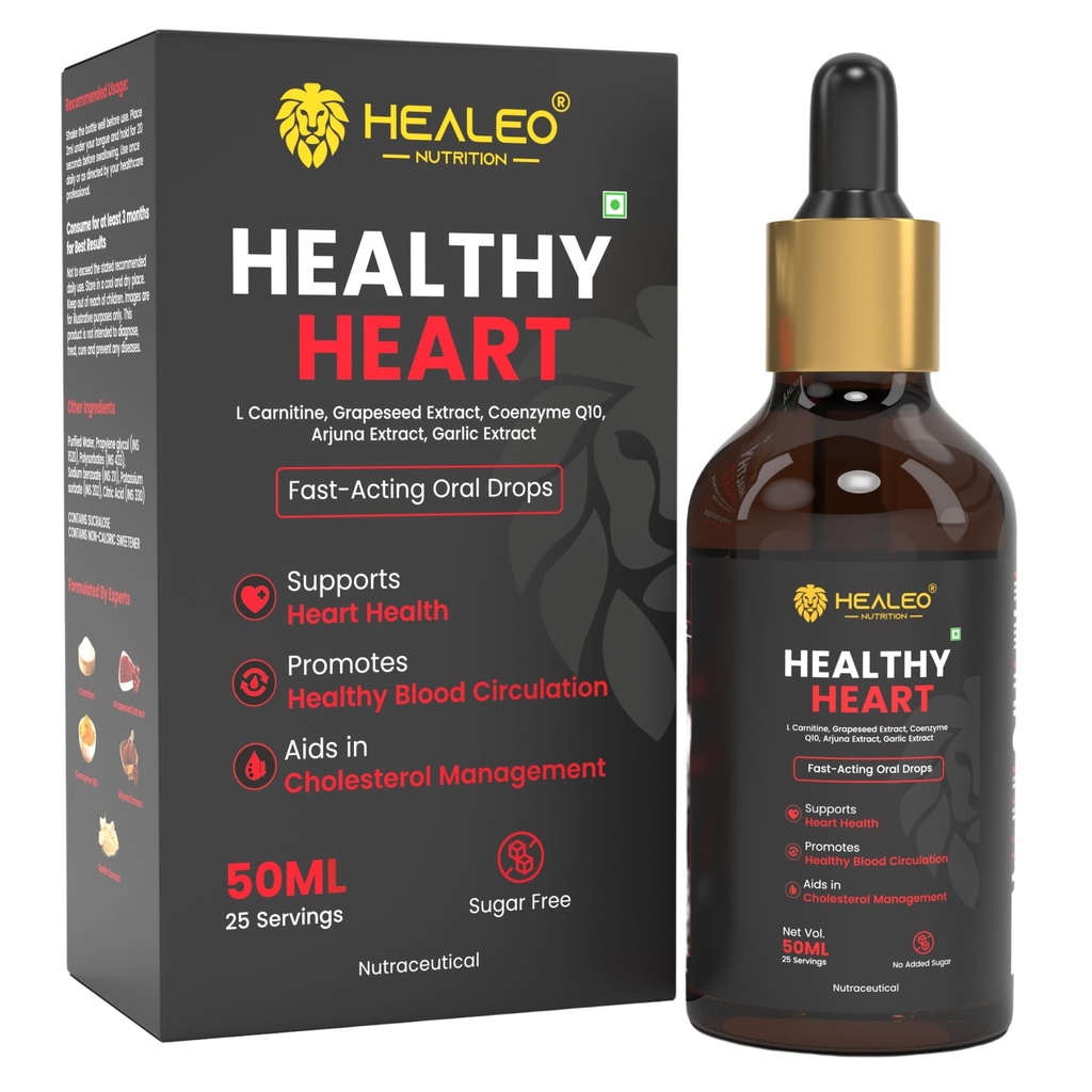 Healeo Healthy Heart Drops 50ml – Fast-Acting Liquid Supplement with CoQ10, Arjuna, Grapeseed Extract, L-Carnitine – Supports Cholesterol, Blood Pressure & Circulation, No Sugar, Non-GMO