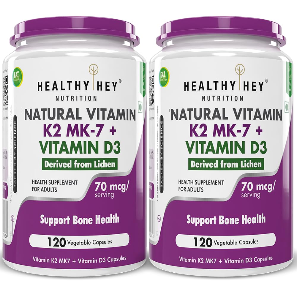 HealthyHey Nutrition Natural Vitamin K2 + Natural D3 (Vegan) - Non-GMO | Non-Synthetic 120 Veg. Capsules - Pack of 2