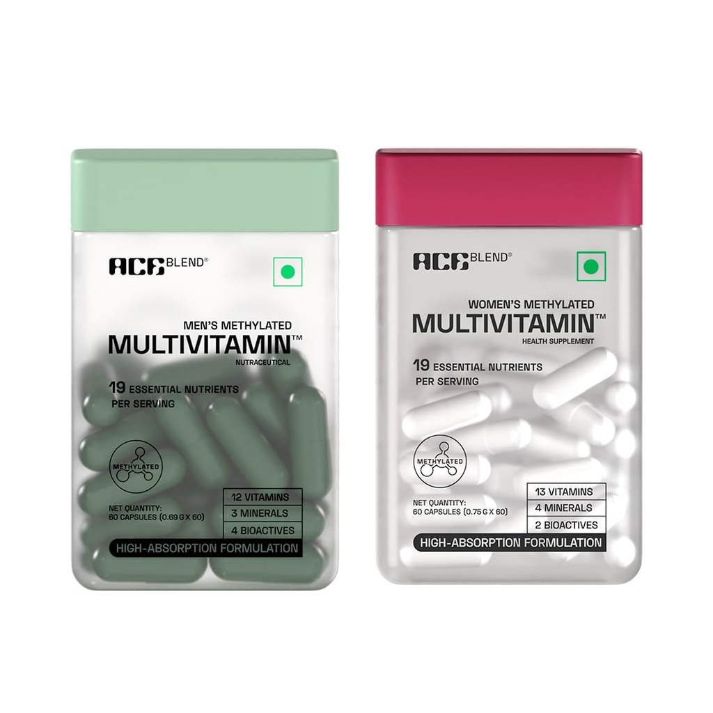 Ace Blend Multivitamin for Men and Women | Pack 60 each | Methylated Multivitamin with19 Essential Nutrients with Quatrefolic, MenaQ7 K2 & Vitashine D3 | Supports Hormonal Balance, Energy & Immunity