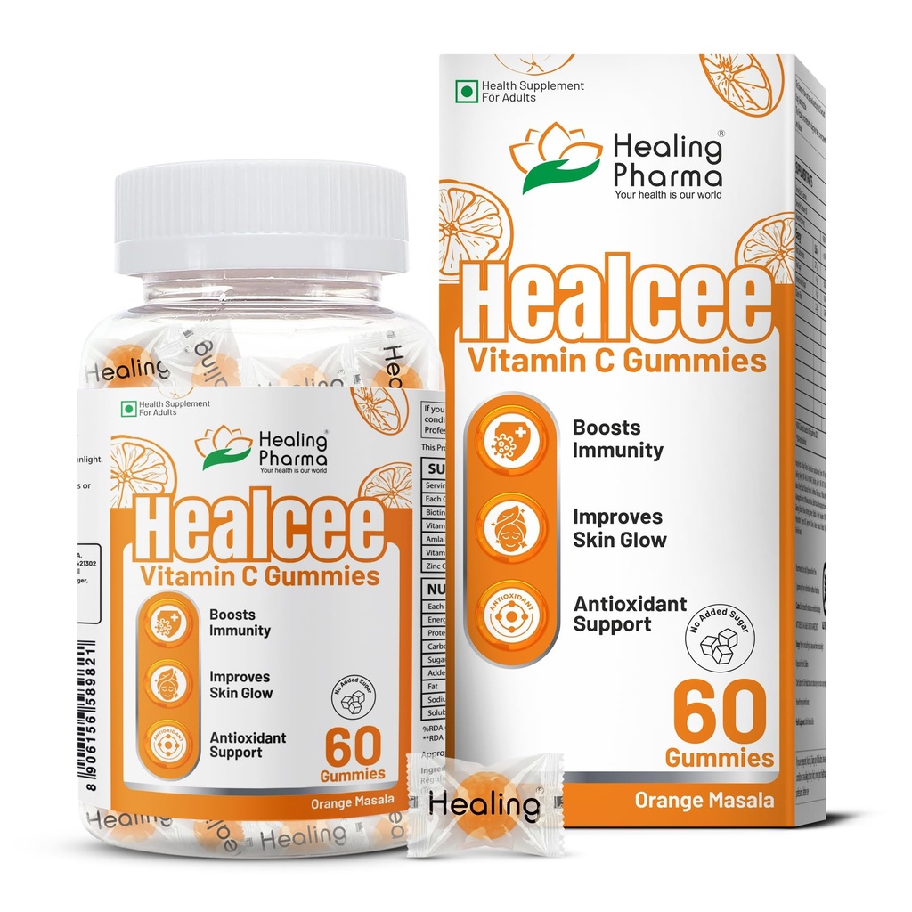 Healing Pharma - Healcee Vitamin C Gummies with Zinc & Amla Extract for Adults | Boosts Immunity, Improves Skin Glow & Antioxidant Support | Gluten-Free & No Added Sugar | 60 Gummies (Orange Masala Flavoured)