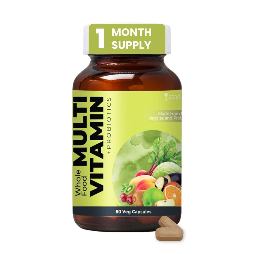 ZEROHARM Multivitamin+Probiotics for Men & Women | Plant-Based Daily Supplement with 25 Probiotic Strains | Boosts Immunity, Energy & Digestion | Whole Food Multivitamins & Minerals | 60 Veg Capsules