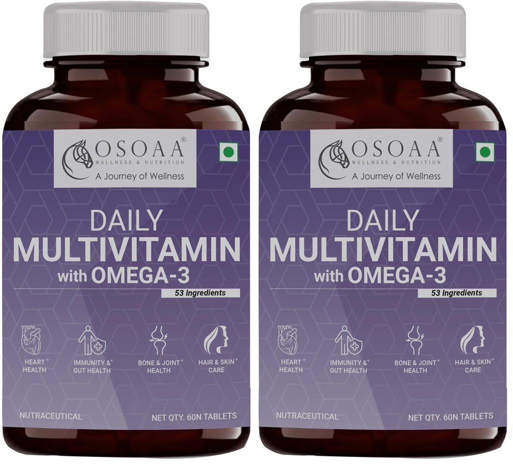 OSOAA Daily Multivitamin with Omega 3 & Probiotics - 60 Veg Tablets | 53 Vital Vitamins & Minerals with Zinc, Vitamin C, Vitamin D, Vitamin B12, and Multiminerals - Supports Immunity & Gut Health