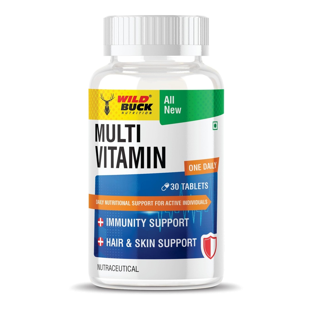 Wild Buck Nutrition Multivitamin Tablets for Men & Women – 30 Tablets | One Daily Multivitamin with Vitamin C, D3, Zinc, Biotin & Calcium | Immunity Booster, Energy, Hair & Skin Support | High Strength Daily Multivitamins - Made in India | Developed with Canadian Standards