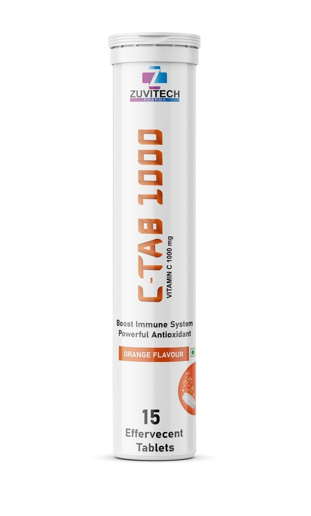 C TAB 1000 Vitamin C Effervescent Tablets, Amla Extract + Zinc for Daily Immunity | Helps to boost & Strengthens Collagen for Healthy Skin, Hair & Nails - Orange 15 count (Pack of 1)