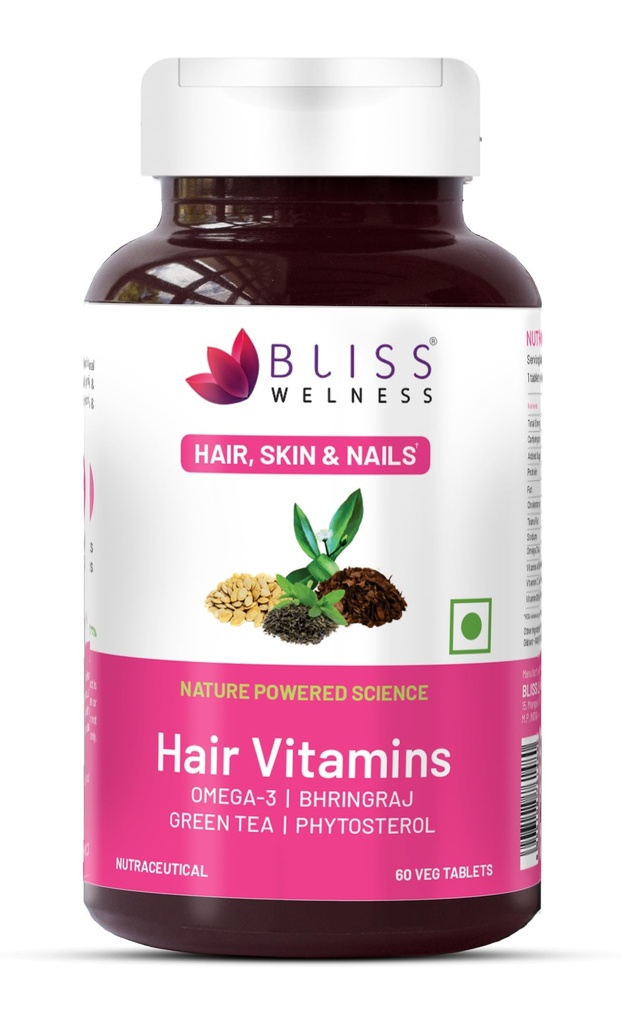 Bliss Welness Hair Vitamins with Omega-3, Bhringraj, Green Tea, Phytosterol, Biotin, Pumpkin Seed Extract for Women and Men | Supports Hair Nourishment, Shine, and Scalp Health | 60 Veg Tablets