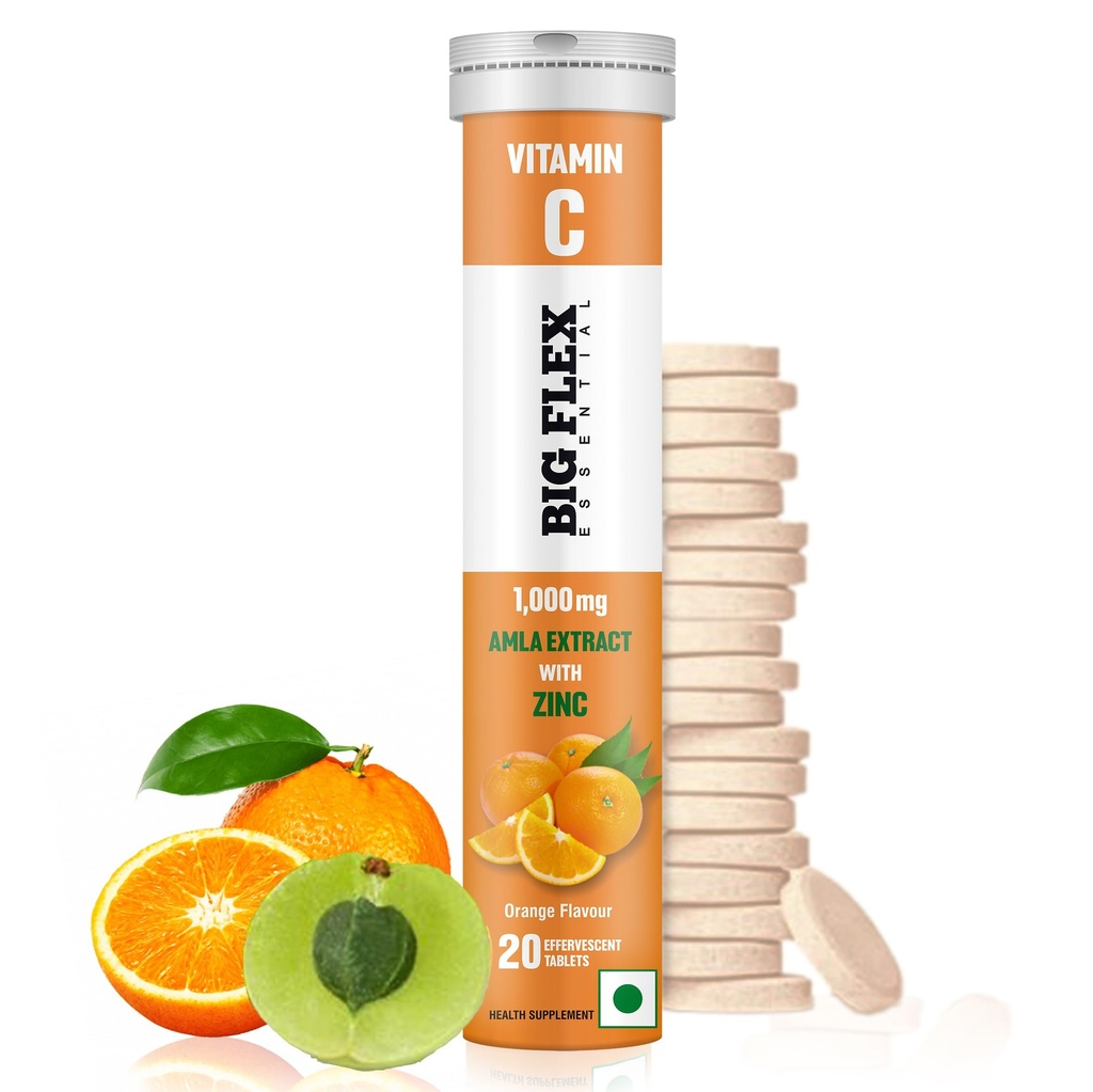 Bigflex Vitamin-C 1000mg Natural Amla Extract + 10mg Zinc | Antioxidants Support | Natural Immunity Booster | Skin Care | Zero Sugar - Pack of 1 (20 Fizzy) Effervescent Tablets - Orange flavour
