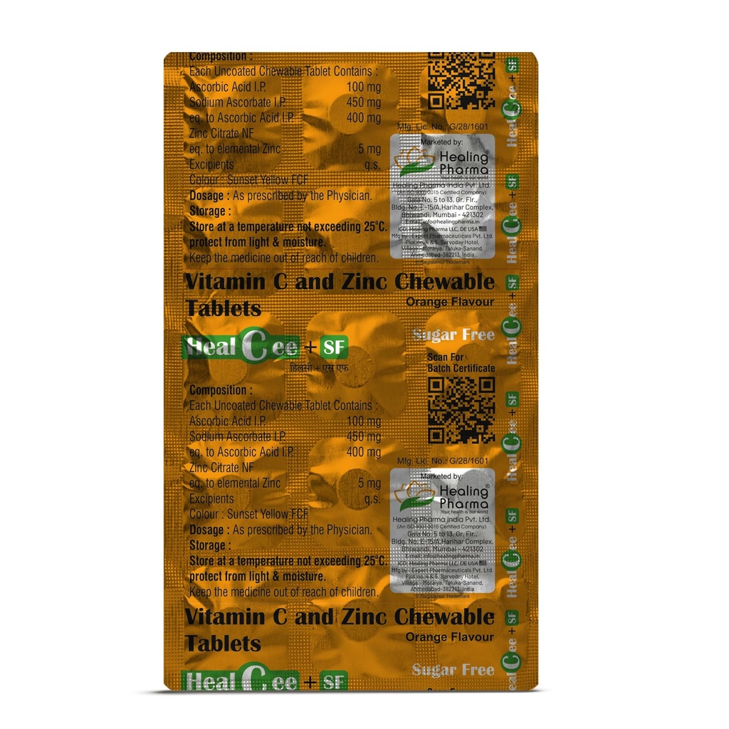 Healing Pharma - Healcee + SF Zinc & Vitamin C 500mg Chewable Tablets | Sugar Free | Boost Immunity & Antioxidant Support | 2 Strip x 15 Tablets