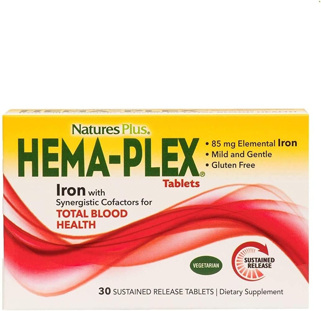 NaturesPlus Hema-Plex Iron - 30 Tablets Slow-Releases, Paquete de 3 - Saúde Total Blood - 85 mg Chelated Iron - Con Vitamina C & Bioflavonoides - Non GMO, Vegetarian & Gluten Libre - 90 Total Serventes