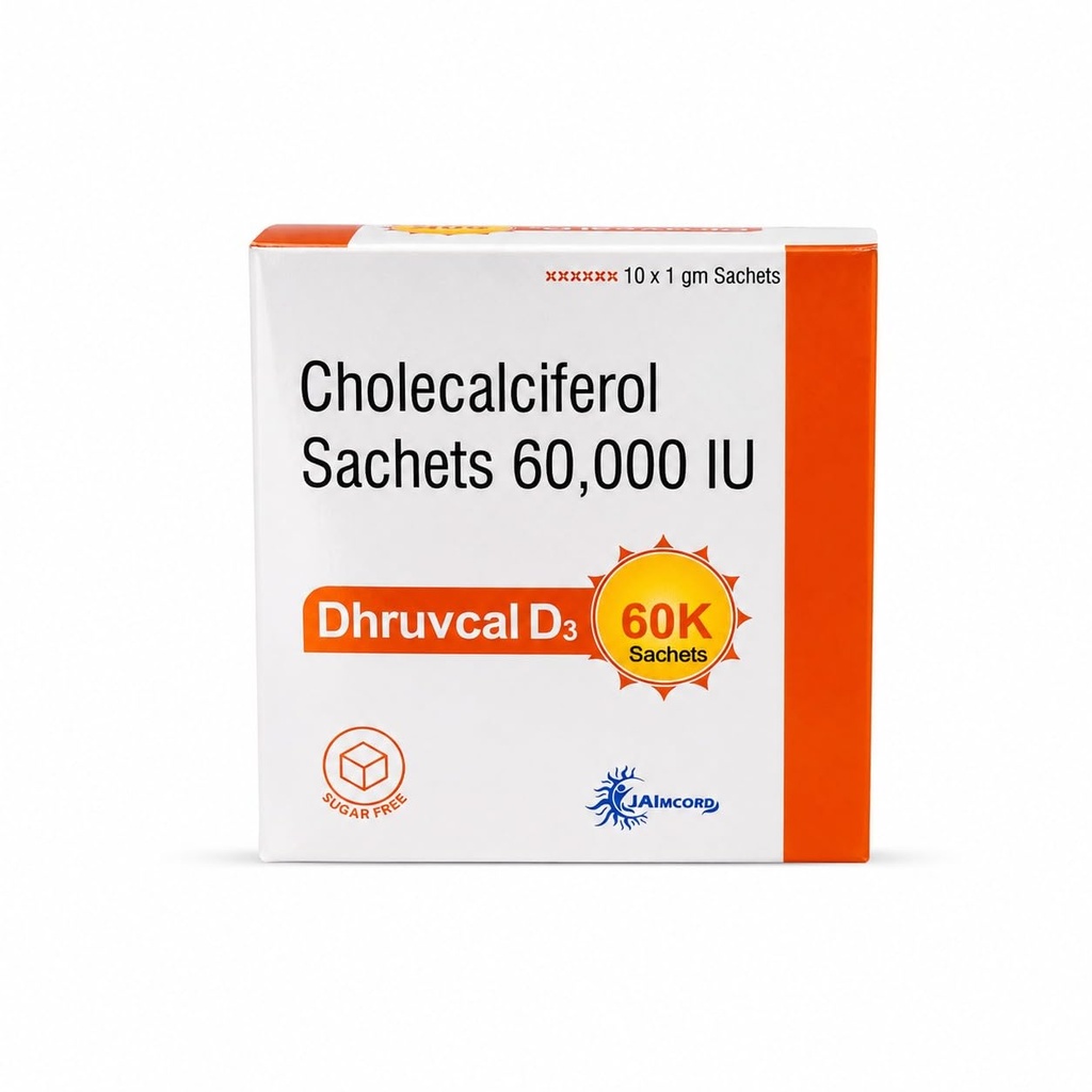Dhruvcal D3 Vitamin D3 60000 IU Sachets - Cholecalciferol High Strength Supplement | Sugar-Free, Diabetic-Friendly | Supports Bone, Joint & Immunity Health | 10 Sachets x 1g, Once-Weekly Dose