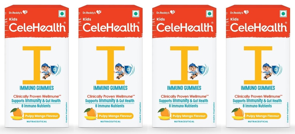 Dr. Reddy's CeleHealth Kidz Immuno Plus Multivitamin Gummies with Wellmune, Vitamin C & Zinc for Kids (4 - 12 Years) | Supports Immunity and Digestion | Pulpy Mango Flavour | 30 Gummies - Pack of 4 | 100% Vegetarian