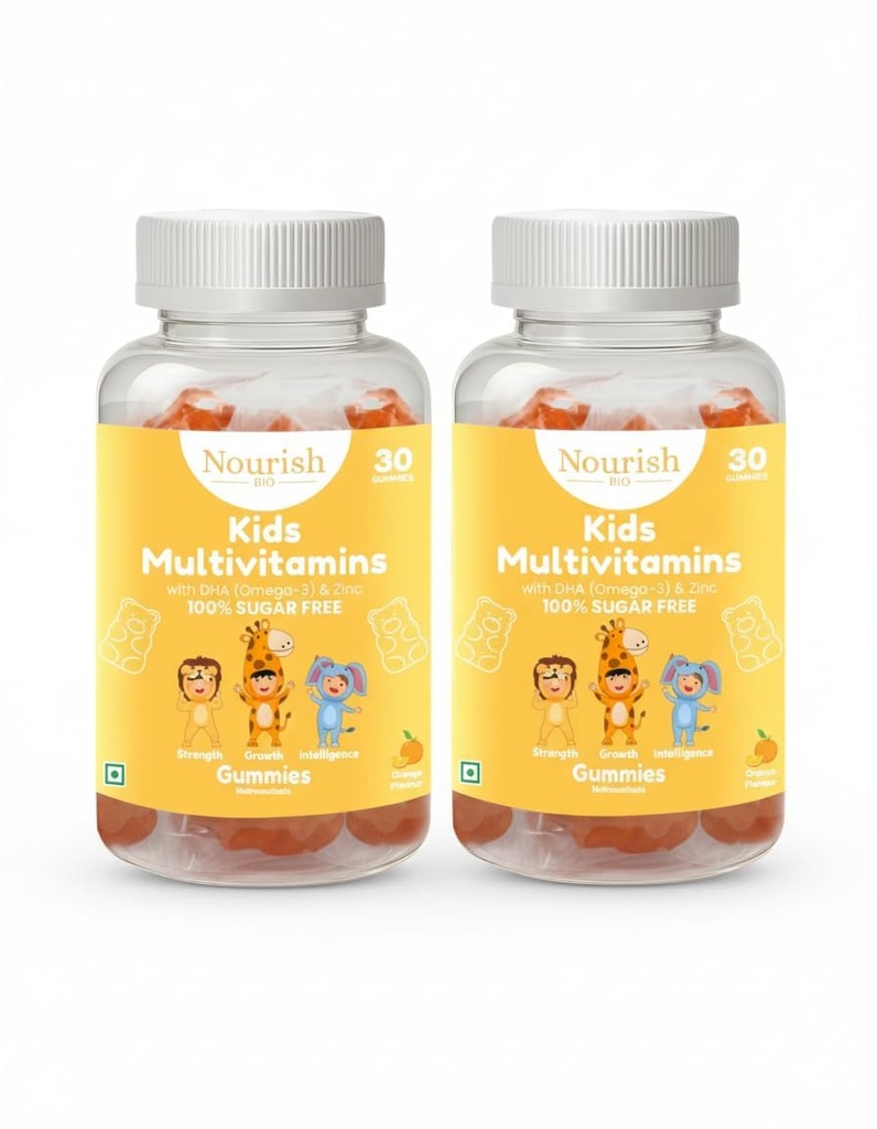 Nourish BIO Kids Multivitamin (Sugar-Free) Gummies with Calcium, Vitamin D3, A, B6, B12, C, E, Folic Acid, Biotin DHA & Zinc, for growth & development Supports Immunity, Energy, and Bone Health (2, 30 Gummies Per Pack)