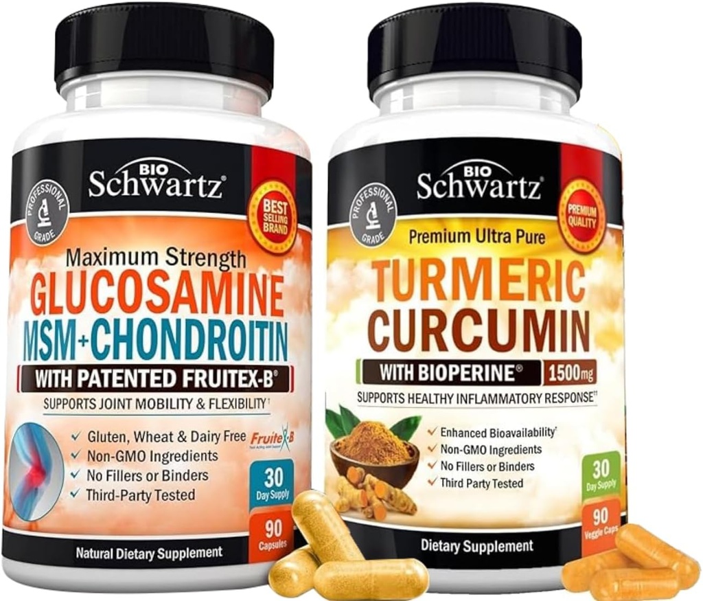 BioSchwartz Turmeric Curcumin ilə Black Pepper Ekstraktı 1500mg Kompleksi (1 ay təchizatı) Plus Glucosamin Chondroitin MSM Triple Strength Təhlükəsizliyi (1 ay Supply)