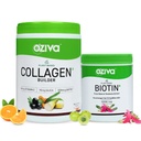 OZiva Plant Based Collagen Builder Powder (With Vitamin C) Berry Orange,250G & Plant Based Biotin 10000+ Mcg (With Natural Sesbania Agati Extract) For Stronger Hair & Healthier Skin,125G(Combo Pack)