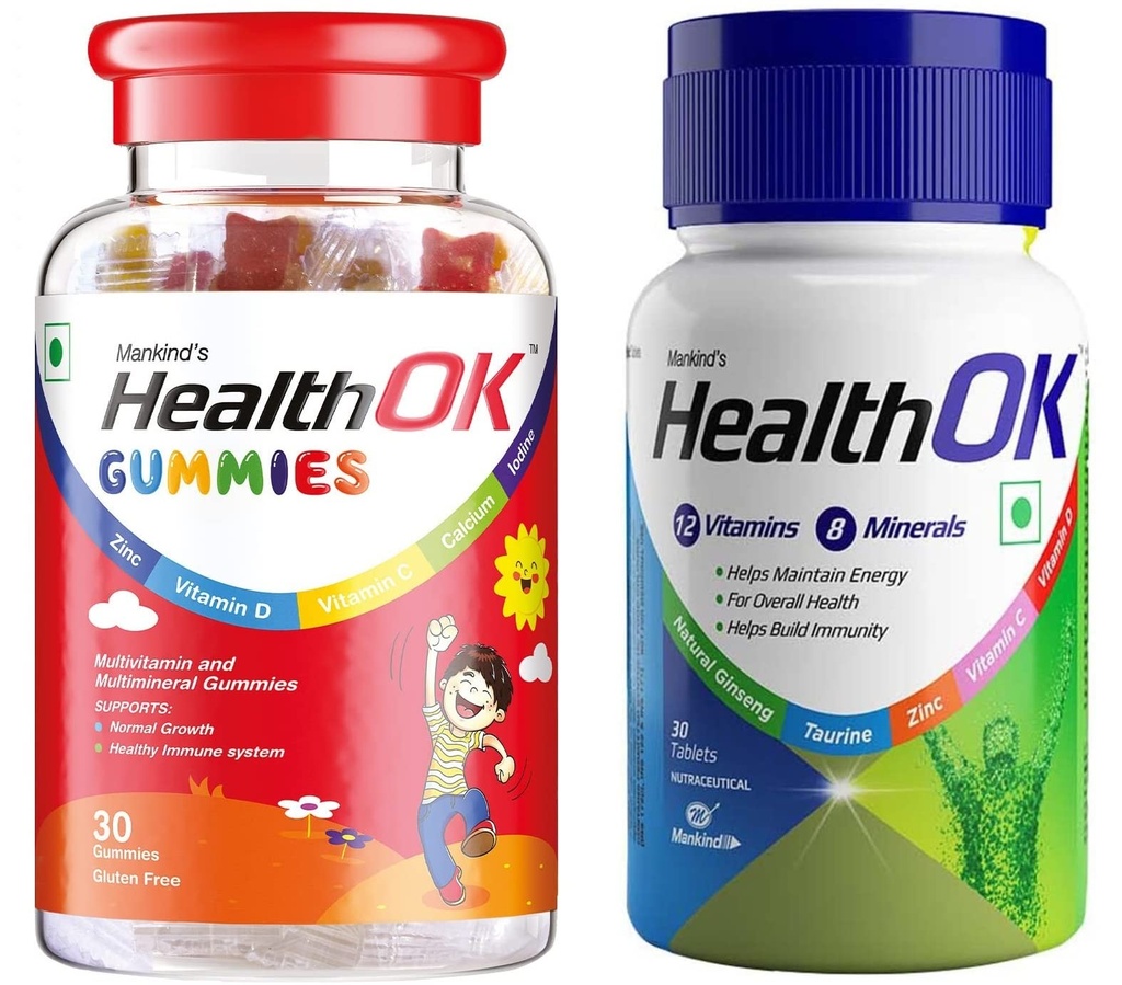 Mankind Health OK Gummies, Multivitamin and Multimineral for Kids,Bottle of 30 Gummies and Health Ok With Multivitamin, Multimineral and Amino Acids, 30 Tablets