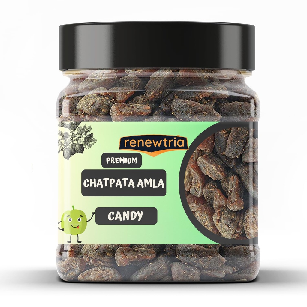 RENEWTRIA Dried Chatpata Amla Candy For Eating | Dried & Spicy Amla Candy | Indian Dry Gooseberry Avla | No Artificial Colour & Preservative | 300 gm Jar Pack