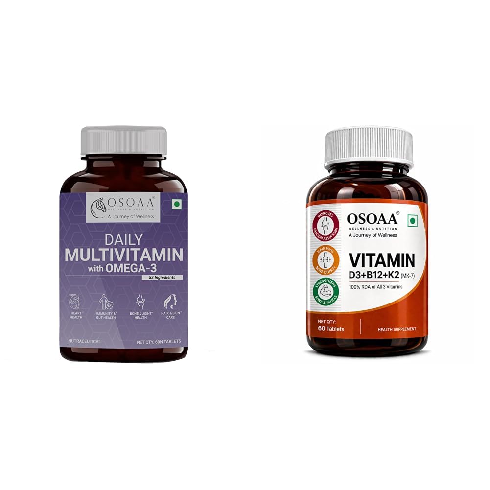 OSOAA Daily Multivitamin with Omega 3 & Probiotics - 60 Veg Tablets | 53 Vital Vitamins & Minerals | OSOAA Vitamin D3 K2 MK7 Supplement - 60 Tablets | Vitamin D3 (600 IU) | Promotes Calcium Absorptio