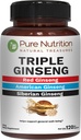 Pure Nutrition Triple Ginseng 650mg | 120 Caps | Complesso per uomini e donne | Combinazione altamente efficace di Ginseng rosso, americano e siberian. Non OGM