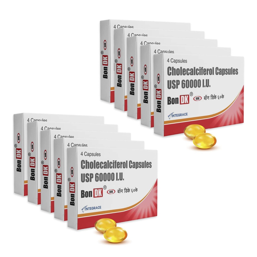 Bon DK 60K Vitamin D3 Capsules | 40 Capsules (Pack of 10) Vitamin D3 Weekly Supplement