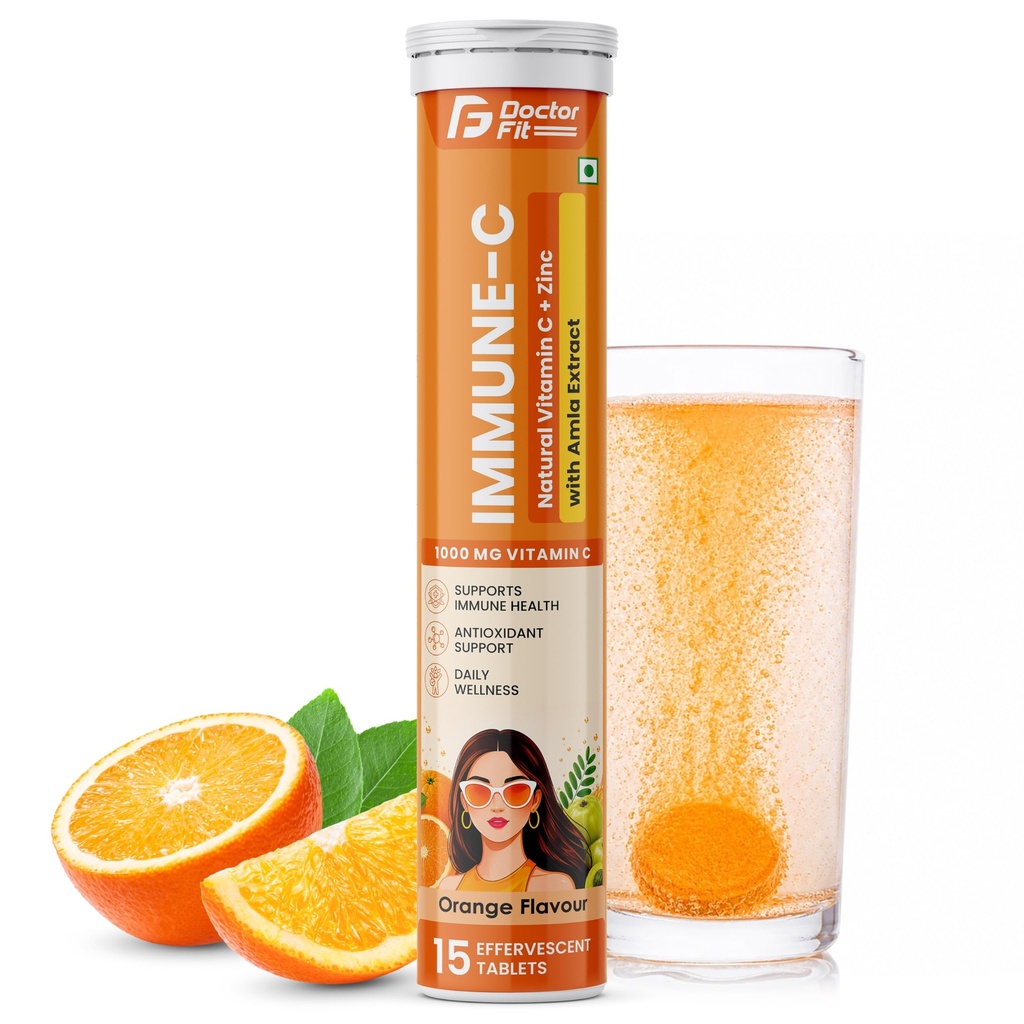 DOCTORFIT Natural Vitamin C - Amla Extract + Zinc for Immunity | Helps to Boost Collagen for Healthy Skin, Hair & Nails | Orange Flavour - 15 Effervescent Tablets (15 Count (Pack of 1))
