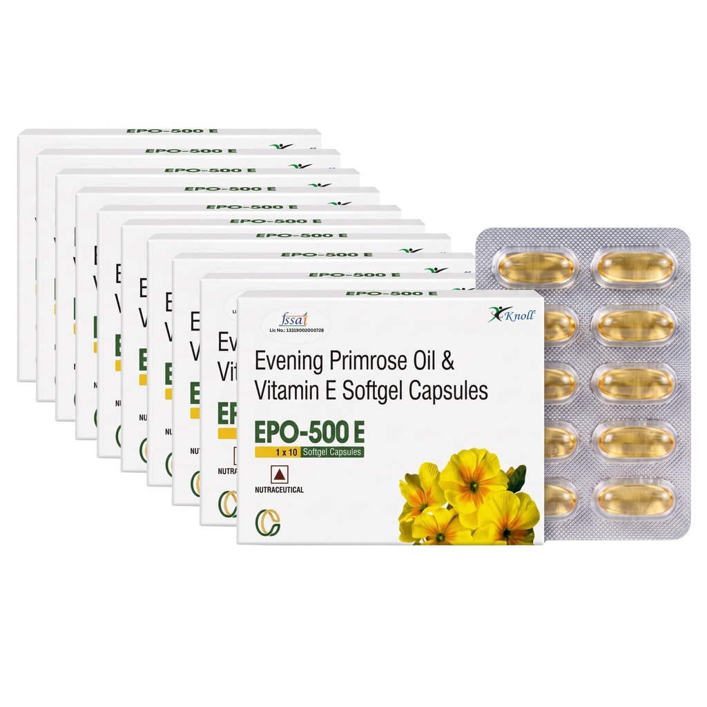 Knoll Healthcare EPO-500E Evening Primrose Oil 500 mg with Vitamin E Softgel Capsules | Supports Women’s Wellness, Skin Health & Antioxidant Support | Dietary Supplement (10x10 Capsules)