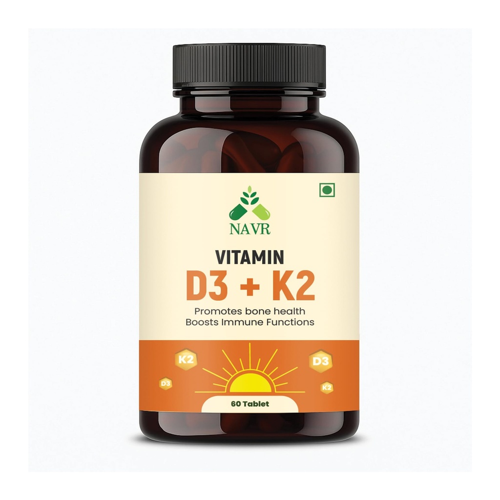 NAVR Vitamin D3 K2 MK7 Tablets 60 Count | Vitamin D3 600 IU (15 mcg) from Lichen Source with Vitamin K2 MK7 55 mcg | Daily Bone, Calcium Absorption, Muscle & Heart Wellness Support | Vegetarian Supplement for Men & Women