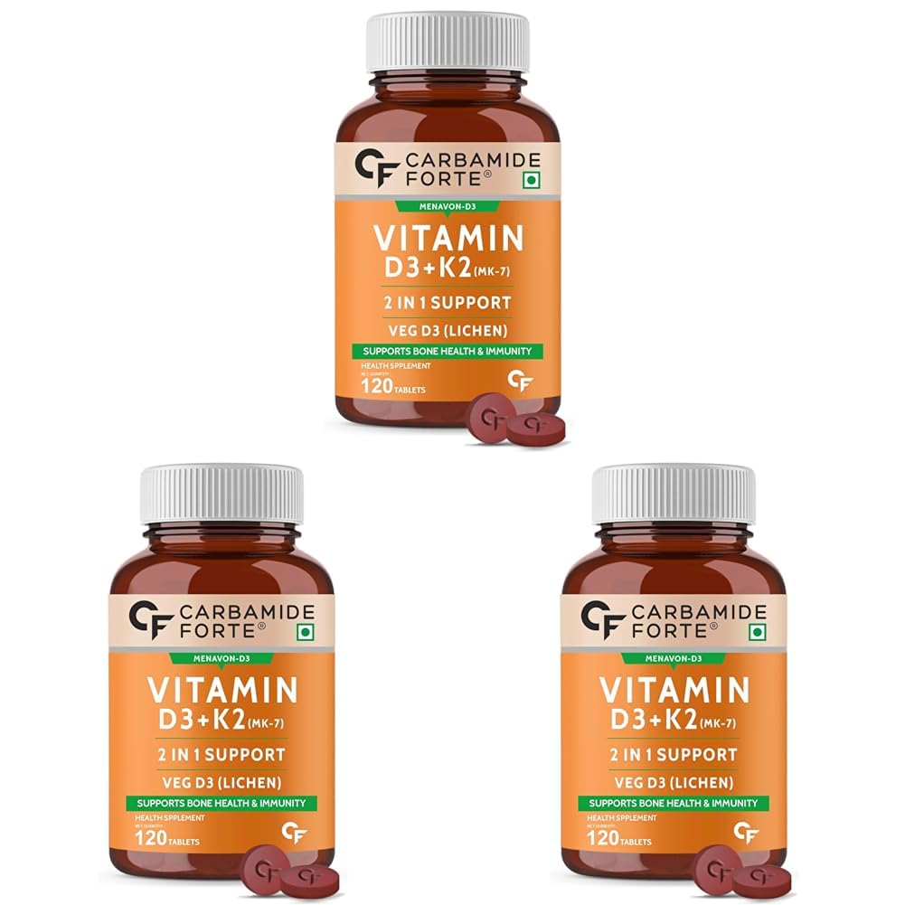 Carbamide Forte Vitamin D3 K2 MK7 | Plant Based Veg Vitamin D Supplement Lichen Source with Vitamin K2 MK7 Menaquinone for Men & Women - 120 Veg Tablets (Pack of 3)