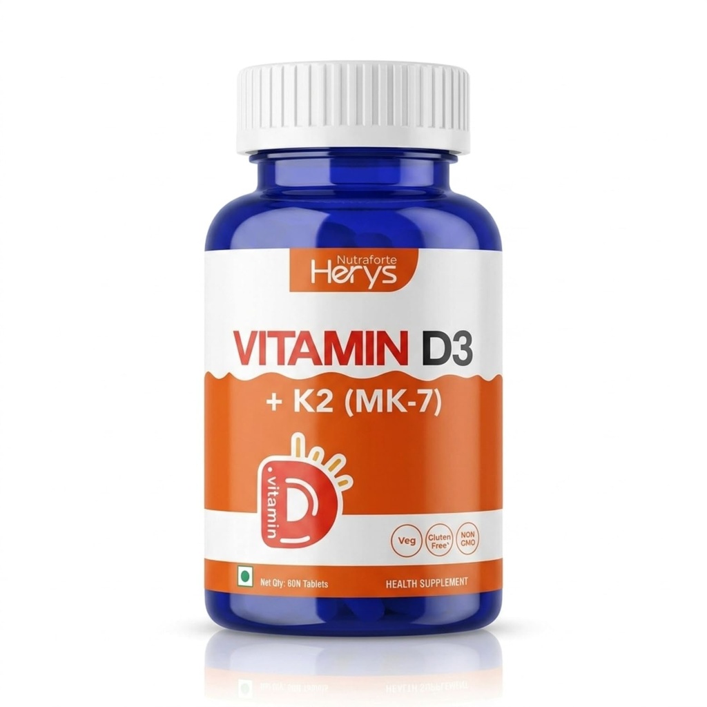 Herys Nutrafort Vitamin D3 K2 Supplement with MK7 for Bone & Heart Health | 60 Tablets