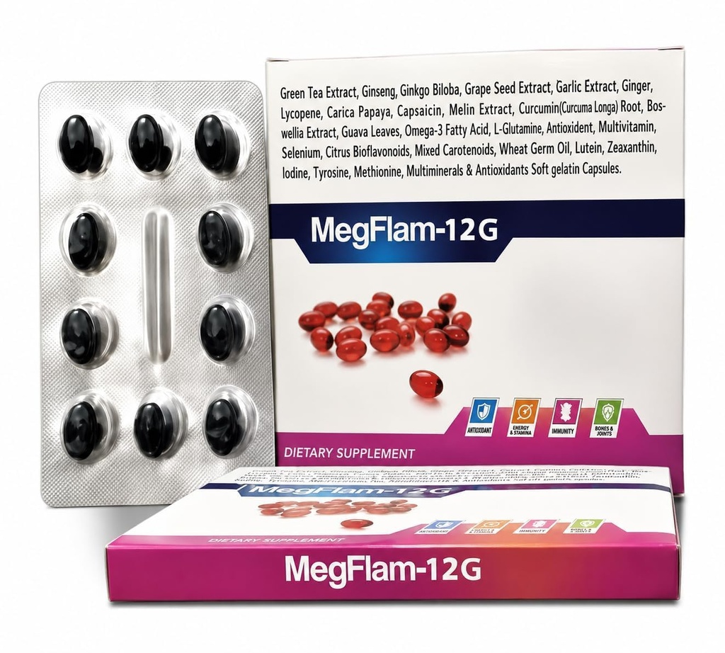 New MegFlam-12G Multivitamin & Antioxidant Softgel Capsules | Ginseng, Ginkgo Biloba, Omega 3, Green Tea Extract & Multiminerals | 30 Capsules